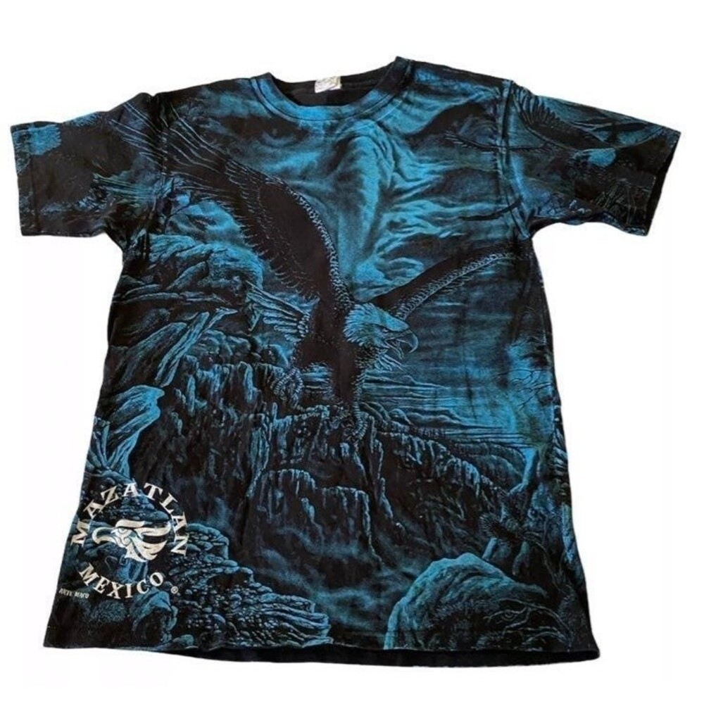 VTG Mazatlan Mexico Eagle AOP T Shirt Arte Maco Yazbek Black Blue Tee M